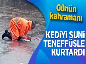 Kediyi suni teneffüsle kurtardı!
