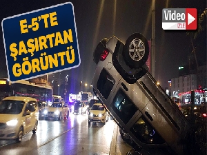 E-5'te kaza yapan lüks cip adeta amuda kalktı