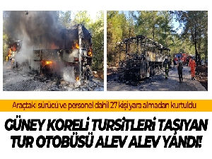 Günel Koreli turistleri taşıyan tur otobüsü alev alev yandı