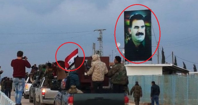 İşte Afrin'deki Kirli İttifakın Fotoğrafı! Rejim Askerleri Terörist Başının Posterine Selam Verdi