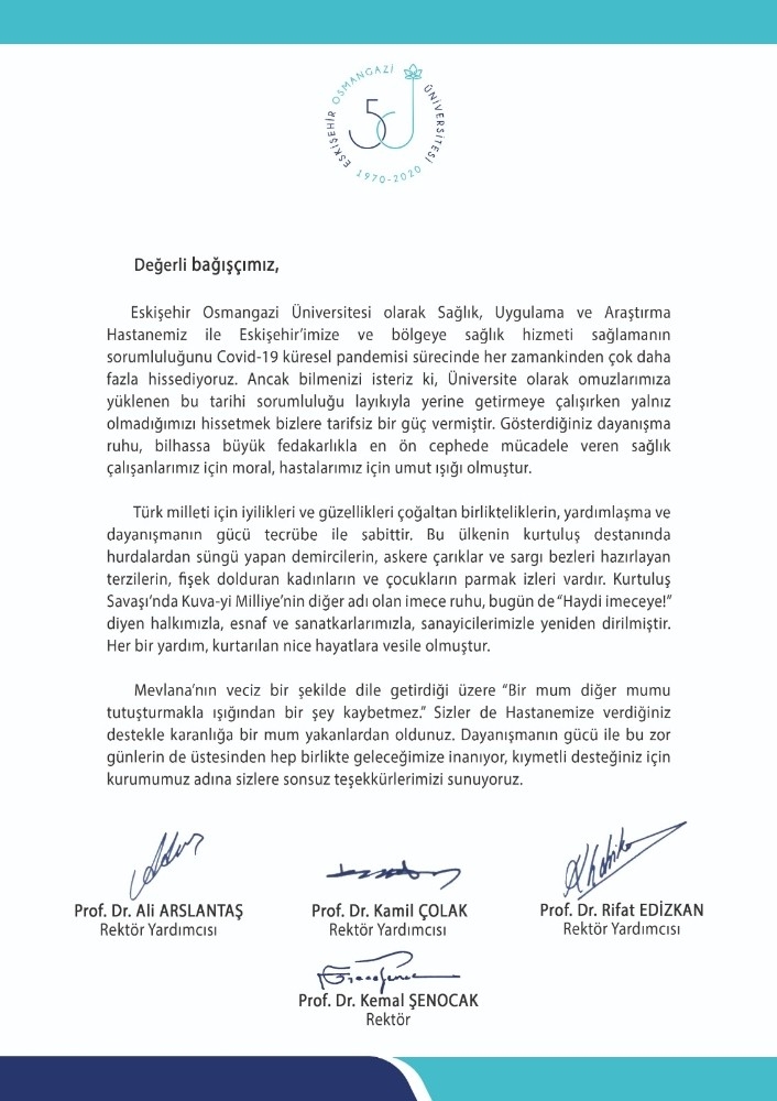 Esogü Yönetiminden Hastane Bağışçılarına Teşekkür Mektubu