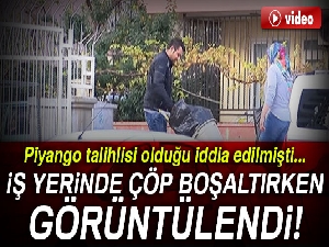 Piyango talihlisi olduğu iddia edilen kurye, iş yerinde çöp boşaltırken kameralara takıldı