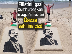 Filistinli gazi, Cumhurbaşkanı Erdoğan’ın resmini Gazze sahiline çizdi