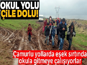 Çamurlu yollarda eşek sırtında okula gitmeye çalışıyorlar
