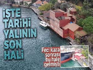 Gemi çarpan yalının son hali havadan görüntülendi