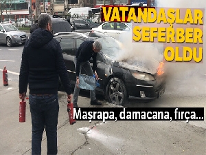Vatandaşların maşrapa, damacana, ve fırça ile yangın söndürme çalışması