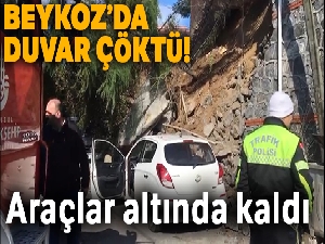 Beykoz'da duvar çöktü, iki araç altında kaldı