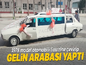 1978 model otomobili limuzine çevirip gelin arabası yaptı