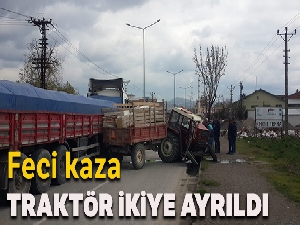 Otomobille çarpışan traktör ikiye ayrıldı