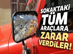 Önce yumruk sonra tekmelerle sokaktaki tüm araçlara zarar verdiler