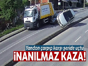 Otomobile yandan çarpıp karşı şeride uçtu: 2 yaralı