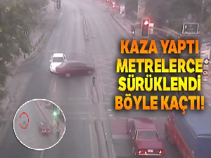 Kaza yapan sürücünün kaçtığı o anlar kamerada