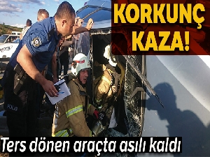 D-100 Karayolunda bariyerlerde asılı kalan otomobilde sıkıştı