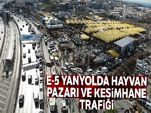 E-5 yanyolda hayvan pazarı ve kesimhane trafiği havadan görüntülendi