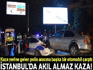 Kaza yerine gelen polis aracına başka bir otomobil çarptı