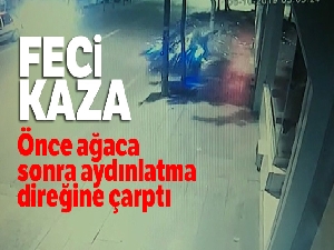 Önce ağaca sonra aydınlatma direğine çarptı: Feci kaza kamerada
