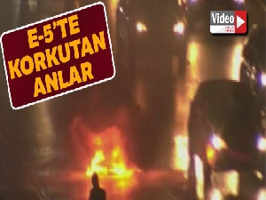 E5'te alev alev yanan aracı beton mikseri söndürdü