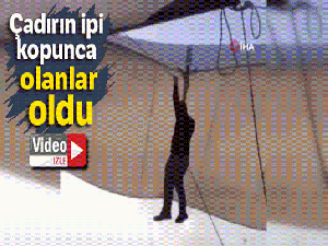 Pazarcı, uçan çadırla beraber metrelerce havaya yükseldi