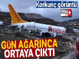 Pistten çıkan uçağın enkazı günün ilk ışıklarıyla görüntülendi