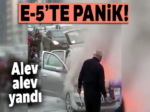 E-5'te bir otomobil alev alev yandı, trafik durma noktasına geldi
