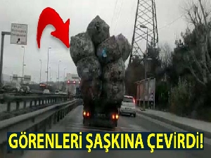 Aşırı yüklenen kamyon görenleri şaşkına çevirdi