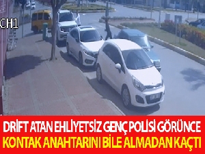 Drift atan ehliyetsiz genç, polisi görünce kontak anahtarını bile almadan aracı bırakıp kaçtı