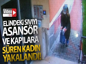 Elindeki sıvıyı asansör ve kapılara süren kadın yakalandı