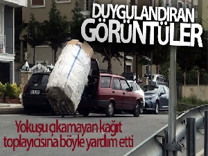 Yokuşu çıkamayan kağıt toplayıcısına otomobili ile yardım etti