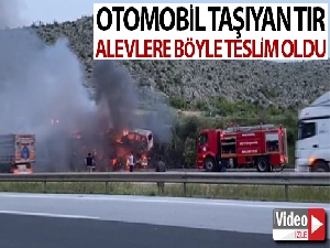 Otomobil taşıyan tır alev alev yandı