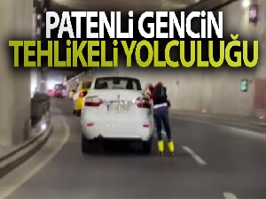 Taksim'de patenli gencin tehlikeli yolculuğu kamerada