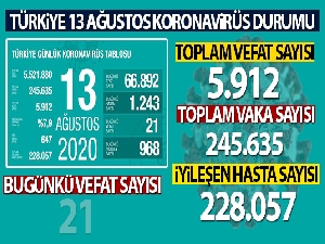 Türkiye'de son 24 saatte 1.243 kişiye koronavirüs tanısı konuldu, 21 kişi hayatını kaybetti