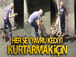 Yavru kediyi kurtarmak için kanalizasyona girdi