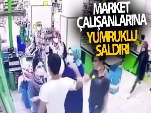 Marketteki kadın çalışanlara yumruklu saldırı anları kamerada