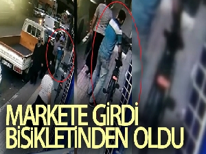 Markete girdi, bisikletinden oldu