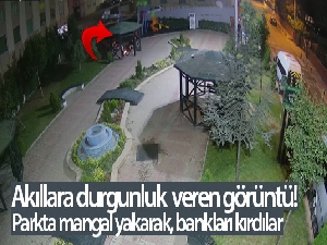 Ümraniye'de akıllara durgunluk veren görüntü: Parkta mangal yakarak, bankları kırdılar