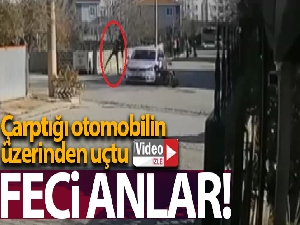 Feci anlar kamerada: Motosikletiyle çarptığı otomobilin üzerinden uçtu