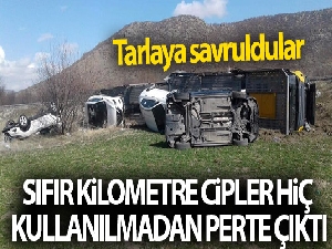 Cipleri taşıyan tır yoldan çıktı, sıfır araçlar tarlaya savruldu