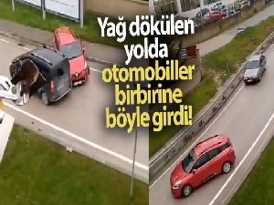 Yağ dökülen yolda otomobiller birbirine böyle girdi