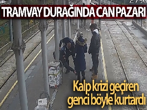 Tramvay durağında can pazarı: Kalp krizi geçiren gence özel güvenlikten kritik müdahale kamerada