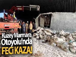 Kuzey Marmara Otoyolu'nda alçı yüklü tır devrildi