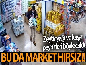 Market hırsızı kamerada! Zeytinyağı ve kaşar peynirleri böyle çaldı