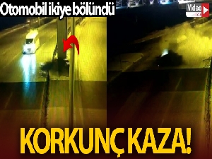 Direğe çarpıp minibüsün önüne düşen otomobilin 2'ye bölündüğü anlar kamerada