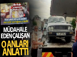 Akaryakıt istasyonunda alev alan otomobile müdahale eden çalışan o anları anlattı