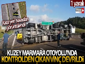 Kuzey Marmara Otoyolu'nda deverilen vinç havadan görüntülendi