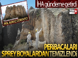 İHA gündeme getirdi, Kapadokya'da peribacaları sprey boyalardan temizlendi