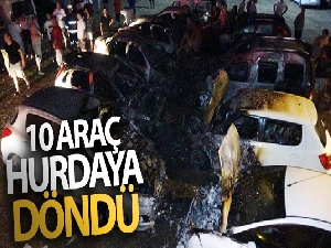 Otoparkta çıkan yangında 10 araç hurdaya döndü