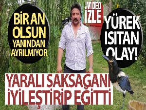 Yaralı yavru saksağanı iyileştirip eğitti