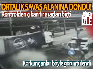 Kontrolden çıkan tırın 6 aracı biçtiği anlar güvenlik kamerasında