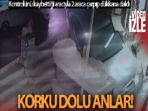 Kontrolünü kaybettiği aracıyla dükkana daldı, korku dolu anlar kameraya yansıdı