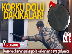 Beşiktaş'ta hareketli anlar: Keserle direnen şahsı polis kalkanlarla eve girip aldı